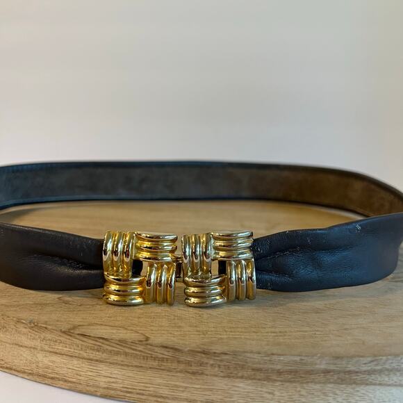 Vintage 90s Gray Genuine Leather Golden Chunky Buckle Belt Size Small/Medium - Picture 1 of 10